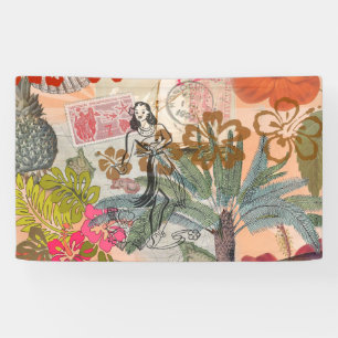 Vintage Flowers Hula Colorful Hawaiian Tropical Banner