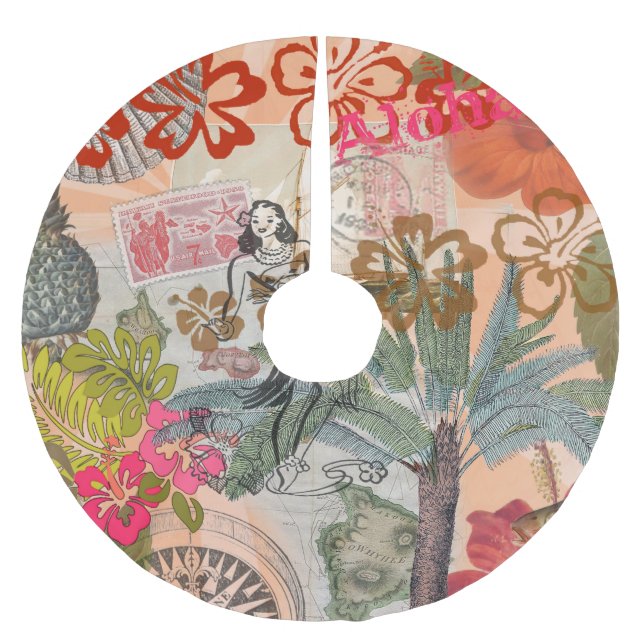 Vintage Flowers Hula Colorful Hawaiian Tropical  Brushed Polyester Tree Skirt (Front)
