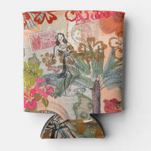 Vintage Flowers Hula Colorful Hawaiian Tropical Can Cooler