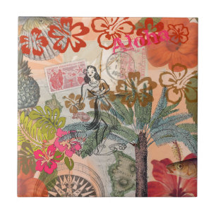 Vintage Flowers Hula Colorful Hawaiian Tropical Ceramic Tile