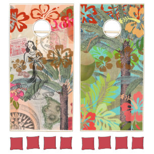 Vintage Flowers Hula Colorful Hawaiian Tropical Cornhole Set