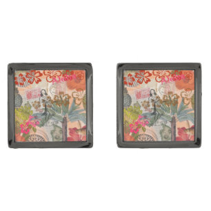 Vintage Flowers Hula Colorful Hawaiian Tropical Cufflinks