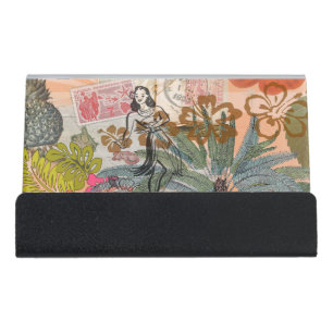Vintage Flowers Hula Colorful Hawaiian Tropical Desk Business Card Holder