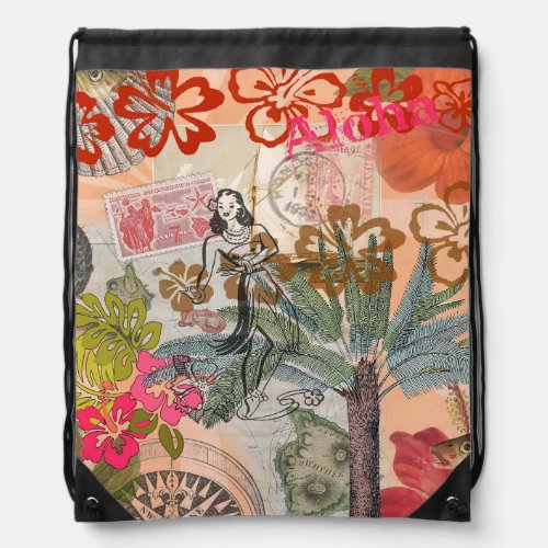 Vintage Flowers Hula Colorful Hawaiian Tropical Drawstring Bag