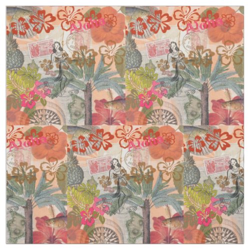 Vintage Flowers Hula Colorful Hawaiian Tropical Fabric