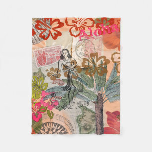 Vintage Flowers Hula Colorful Hawaiian Tropical Fleece Blanket