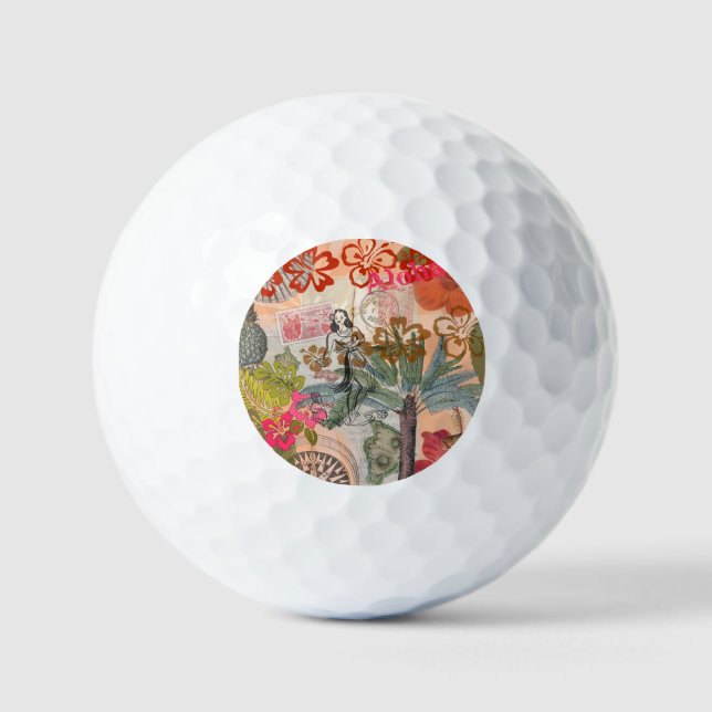 Vintage Flowers Hula Colorful Hawaiian Tropical  Golf Balls (Front)