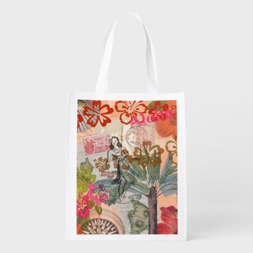 Vintage Flowers Hula Colorful Hawaiian Tropical Grocery Bag