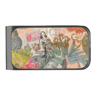 Vintage Flowers Hula Colorful Hawaiian Tropical  Gunmetal Finish Money Clip