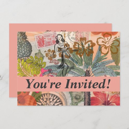 Vintage Flowers Hula Colorful Hawaiian Tropical Invitation