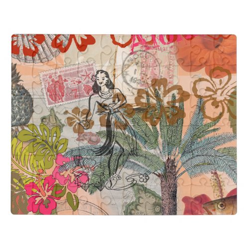 Vintage Flowers Hula Colorful Hawaiian Tropical Jigsaw Puzzle