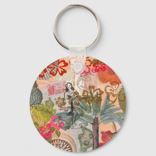 Vintage Flowers Hula Colorful Hawaiian Tropical Keychain