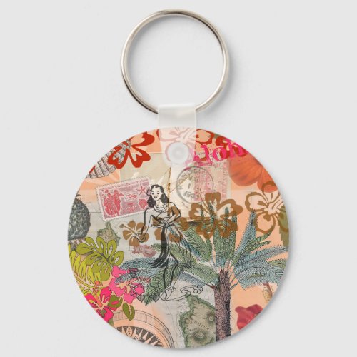 Vintage Flowers Hula Colorful Hawaiian Tropical Keychain