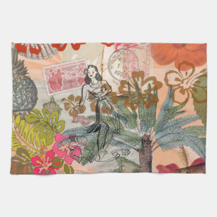 Vintage Flowers Hula Colorful Hawaiian Tropical  Kitchen Towel