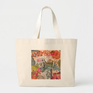Vintage Flowers Hula Colorful Hawaiian Tropical Large Tote Bag