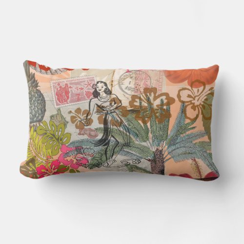 Vintage Flowers Hula Colorful Hawaiian Tropical Lumbar Pillow