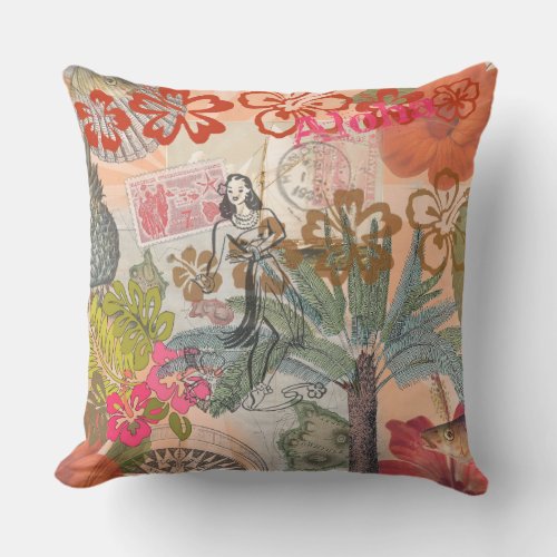 Vintage Flowers Hula Colorful Hawaiian Tropical Outdoor Pillow