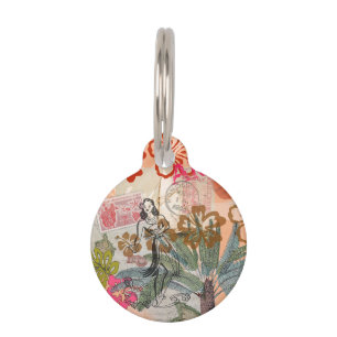 Vintage Flowers Hula Colorful Hawaiian Tropical  Pet ID Tag