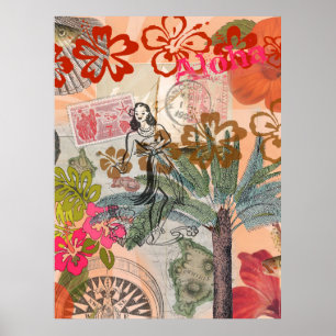 Vintage Flowers Hula Colorful Hawaiian Tropical Poster