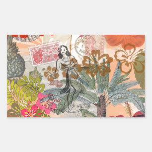 Vintage Flowers Hula Colorful Hawaiian Tropical Rectangular Sticker