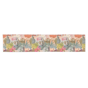 Vintage Flowers Hula Colorful Hawaiian Tropical  Short Table Runner
