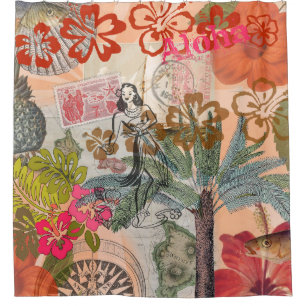 Vintage Flowers Hula Colorful Hawaiian Tropical Shower Curtain