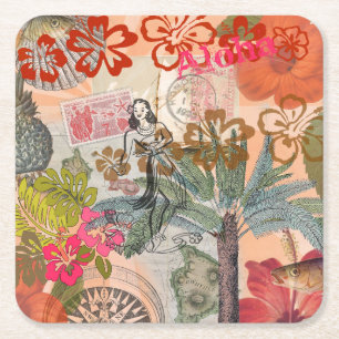 Vintage Flowers Hula Colorful Hawaiian Tropical Square Paper Coaster