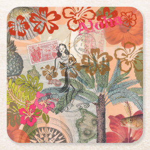 Vintage Flowers Hula Colorful Hawaiian Tropical Square Paper Coaster
