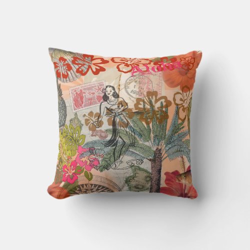 Vintage Flowers Hula Colorful Hawaiian Tropical Throw Pillow