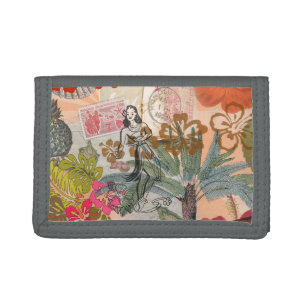 Vintage Flowers Hula Colorful Hawaiian Tropical Tri-fold Wallet