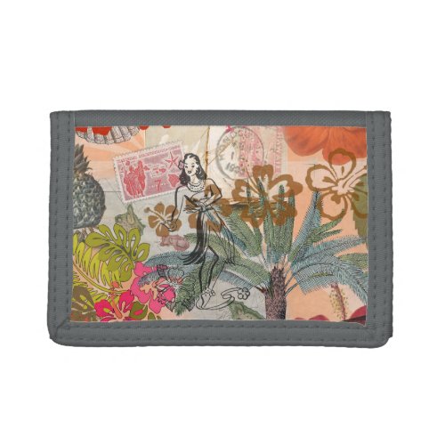 Vintage Flowers Hula Colorful Hawaiian Tropical Trifold Wallet