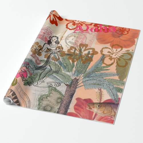 Vintage Flowers Hula Colorful Hawaiian Tropical Wrapping Paper