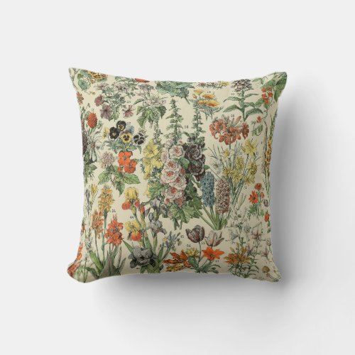 Vintage Flowers Illustration Adolphe Millot Throw Pillow
