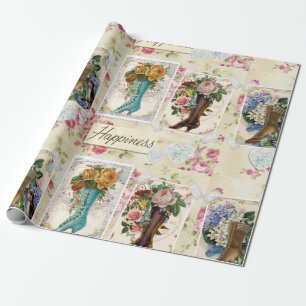 Vintage Flowers in Boots Wrapping Paper