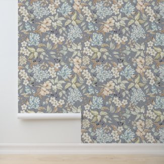 Vintage Flowers Leaves Berries Branches Cool Grey