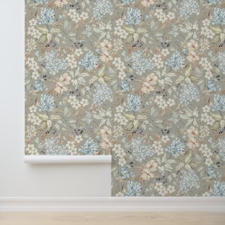 Vintage Flowers Leaves Berries Branches Mist Grey