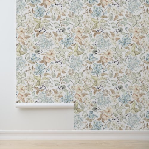 Vintage Flowers Leaves Berries Branches White Wallpaper