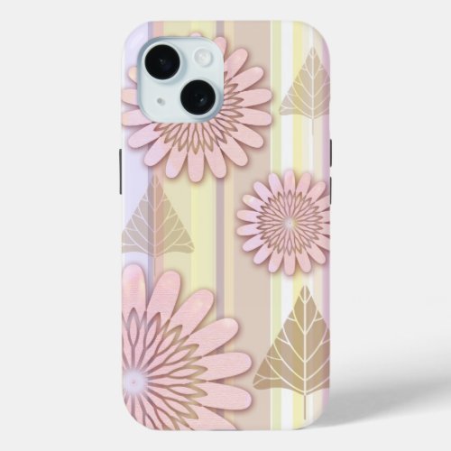 Vintage flowers  leaves on a striped background iPhone 15 case