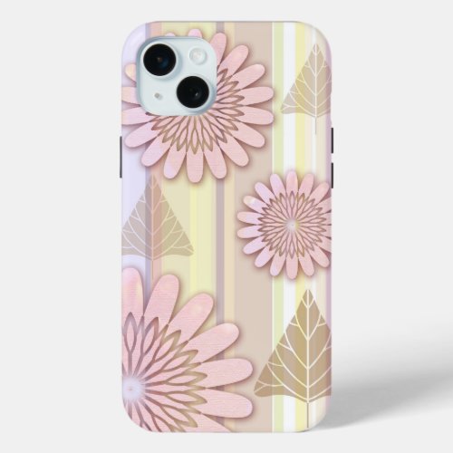 Vintage flowers  leaves on a striped background iPhone 15 plus case