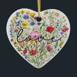 Vintage Flowers Love Heart Floral Wildflowers Ceramic Ornament<br><div class="desc">Add a personalized touch to your home decor or holiday living with this ceramic ornment. This heart-shaped arrangement of vintage wildflowers is beautifully intertwined with the word ‘Love.’</div>