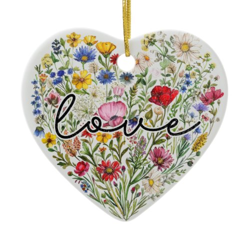 Vintage Flowers Love Heart Floral Wildflowers Ceramic Ornament