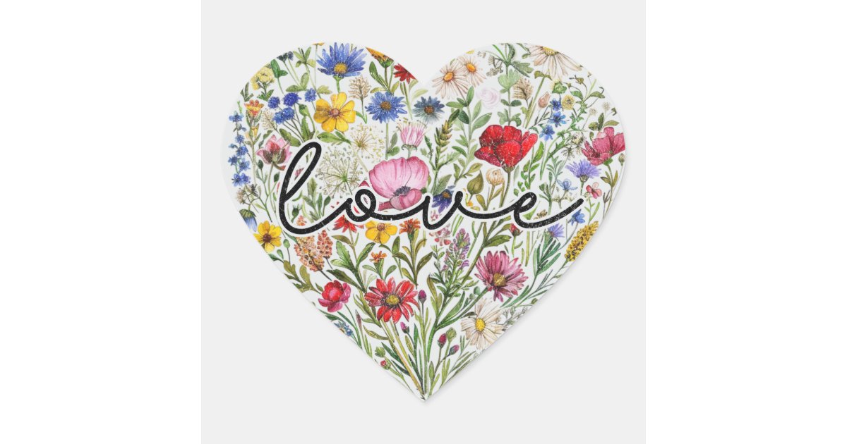 Vintage Flowers Love Heart Floral Wildflowers Sticker | Zazzle
