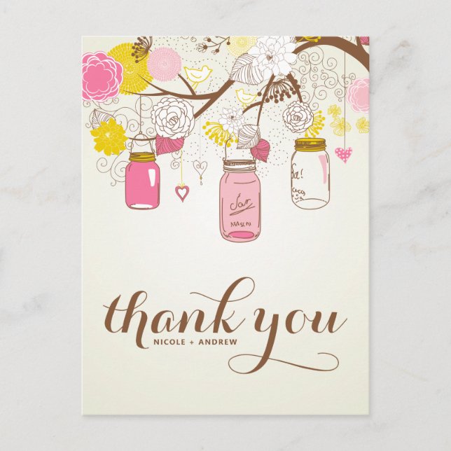 Vintage Flowers & Mason Jars Thank You Postard Postcard (Front)