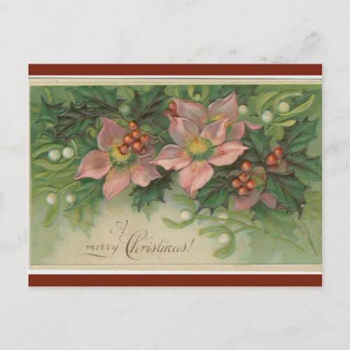 Vintage Flowers Mistletoe and Berries Christmas Postcard