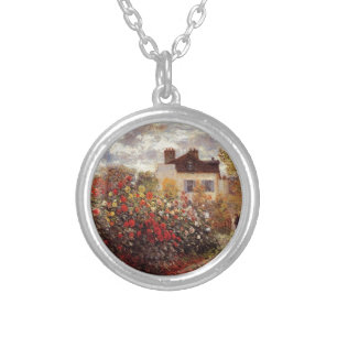 vintage flowers monet-s-garden-in-argenteuil-sun silver plated necklace