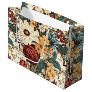 Vintage Flowers of Rose, Tulip, Lilies and Daisies Large Gift Bag