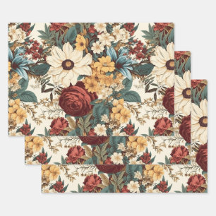 Vintage Flowers of Rose, Tulip, Lilies and Daisies Wrapping Paper Sheets