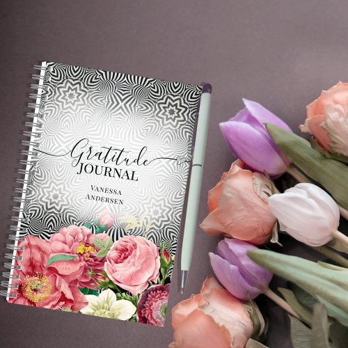 Vintage Flowers On Black  White Gratitude Journal