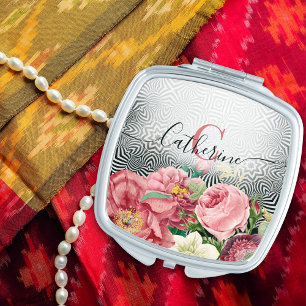 Vintage Flowers On Black White Name and Initial Compact Mirror