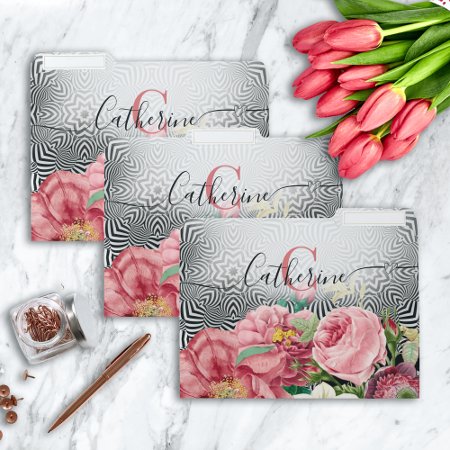 Vintage Flowers On Black White Name and Initial File Folders